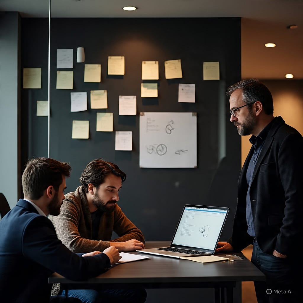 Digital marketing freelancer leading a strategy meeting with clients, planning brand positioning and campaign ideas around a laptop.