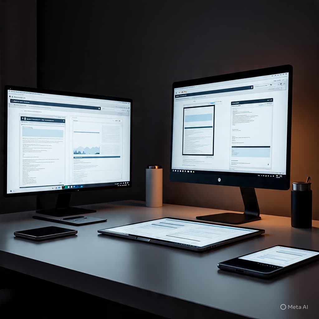 Clean digital workspace with multiple screens displaying website designs and analytics managed by a digital marketing freelancer.